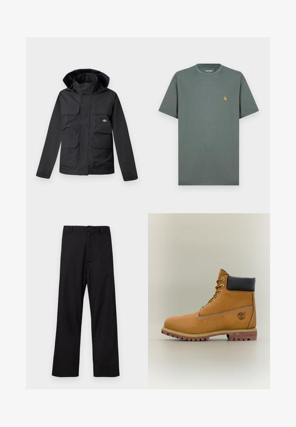 Sort vandtæt jakke med hætte, der har fire forlommer, lynlås foran og elastiske manchetter. Glat tekstur, funktionelt design.; Grå bomulds t-shirt med korte ærmer, rund hals og et lille gult logo på venstre bryst. Glat tekstur, klassisk pasform.; Sorte bukser med lige ben, knap- og lynlåslukning, bæltestropper, lagt fladt på en lys baggrund.; Brun læderankelstøvle med sort krave, gule snørebånd og tanfarvet sål. Har logo og hvide syninger som detalje. Robust ydersål med greb.