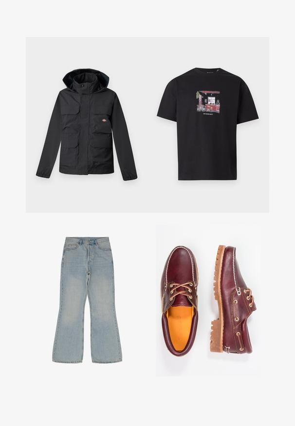 Schwarze wasserdichte Jacke mit Kapuze, ausgestattet mit vier Vorderfronttaschen, einem Reißverschluss und elastischen Bündchen. Glatte Textur, funktionales Design.; Schwarzes T-Shirt mit einem vorderen Grafikdesign eines Café-Innenraums, einschließlich Stühlen, Tischen und Tresen, mit dem Text "CAFE CULTURE SOCIETY" darunter.; Helleblaue Schlagjeans aus Denim. Verfügt über fünf Taschen, einen Knopfverschluss und kontrastierende Nähte entlang der Nähte.; Bordeauxfarbene Lederschuhe mit braunen Gummisohlen, runder Zehenform, weißen Nähten und goldenen Ösen. Das Innenfutter weist eine gelbe Beschichtung auf.