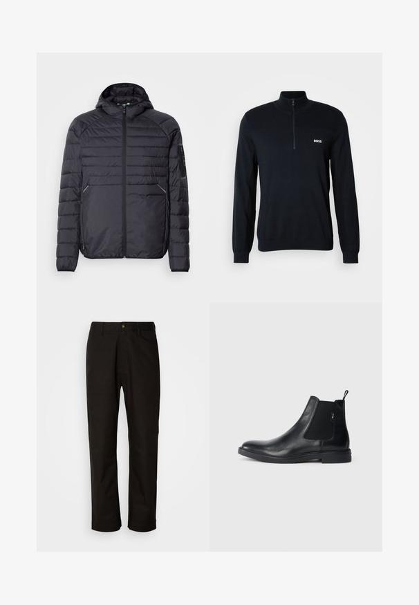 Schwarze Puffjacke mit Reißverschluss, Kapuze und gerippten Bündchen. Verfügt über ein abgestuftes Design und seitliche Taschen, aus leichtem synthetischen Material gefertigt.; Marineblauer Pullover mit hohem Kragen und halbem Reißverschluss. Das Material ist weich und hat eine strukturierte Oberfläche. Auf der Brust befindet sich ein kleines weißes "BOSS"-Logo.; Schwarze Baumwollhosen mit geradem Schnitt, Gürtelschlaufen, einem Reißverschluss vorne und einem einzelnen Knopfverschluss. Glatte Textur ohne sichtbare Muster.; Schwarze Leder Chelsea-Boots mit elastischen seitlichen Einsätzen, einer Zugschlaufe und einer flachen Gummisohle. Glatte Textur mit minimaler Ausgestaltung.