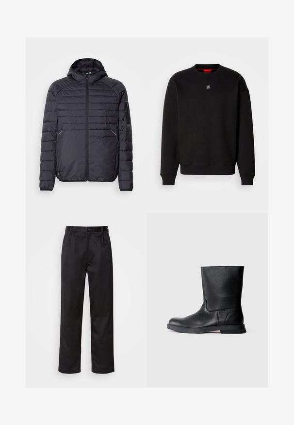 Chaqueta acolchada negra con cierre de cremallera, capucha y puños acanalados. Presenta un diseño de paneles y bolsillos laterales, fabricada en material sintético ligero.; Sudadera negra de tejido suave con cuello redondo, puños acanalados y un pequeño logotipo cuadrado en el pecho. Presenta un interior del cuello en rojo.; Pantalones negros de tela suave, con cierre delantero de botón, pliegues y patas rectas. Sin patrones ni acentos visibles.; Bota de cuero negra hasta el tobillo con acabado texturizado, puntera redondeada y suela de goma baja. Diseño sencillo sin herrajes o adornos visibles.
