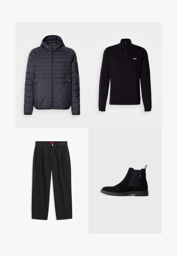 Sort oppustelig jakke med lynlås, hætte og ribbede manchetter. Har et paneldesign og sidelommer, lavet af letvægts syntetisk materiale.; Sort langærmet pullover med halvlukket lynlås ved kraven, med ribbet tekstur og hvid "BOSS"-logo på brystet. Blød stoffinish.; Sorte bukser med høj talje med forreste læg, bæltestropper, knap og lynlås lukning samt en rød label indeni linningen.; Sorte suede Chelsea støvler med elastiske sidepaneler, rund tå og en lav gummisål. Har en pull tab bagpå for nem påtagning.