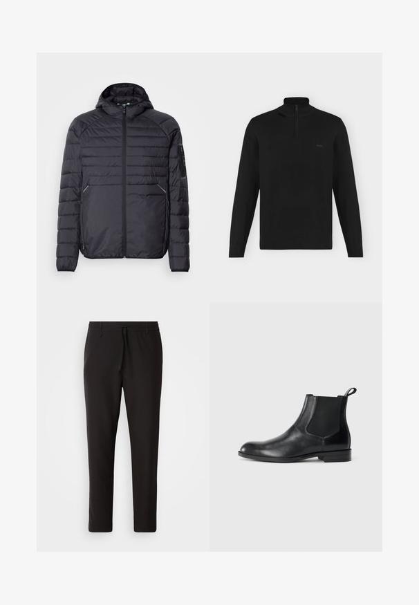 Schwarze Puffjacke mit Reißverschluss, Kapuze und gerippten Bündchen. Verfügt über ein abgestuftes Design und seitliche Taschen, aus leichtem synthetischen Material gefertigt.; Schwarzer Langarm-Pullover mit hohem Kragen und halbem Reißverschluss, gerippte Bündchen und Saum, mit kleinem "BOSS"-Logo auf der linken Brust.; Schwarze Jogginghose aus glattem Stoff. Mit einem elastischen Bund und Kordelzug, schmal zulaufenden Beinen und ohne sichtbare Taschen. Einfaches Design.; Schwarze Leder-Stiefelette mit elastischen Seiteneinsätzen, abgerundeter Zehenpartie und einem Zugschlauf. Glatte Textur, flache Sohle, minimalistisches Design.