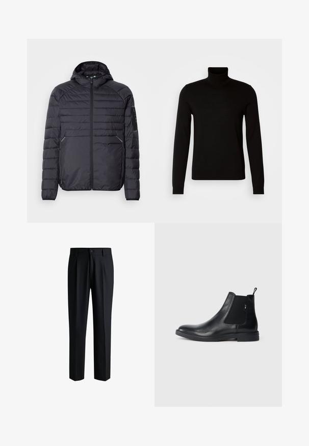 Sort oppustelig jakke med lynlås, hætte og ribbede manchetter. Har et paneldesign og sidelommer, lavet af letvægts syntetisk materiale.; Sort turtleneck sweater lavet af et fint strikket stof, der har lange ærmer og en tætsiddende silhuet. Glat tekstur med ribbede manchetter.; Sorte bukser lavet af glat stof, med lige ben-design, plisseringer foran og knaplukning med bæltestropper.; Sorte læder Chelsea støvler med elastiske sidepaneler, en pull-tab og en flad gummisål. Glat tekstur med minimal detaljer.