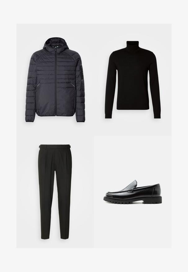 Schwarze Puffjacke mit Reißverschluss, Kapuze und gerippten Bündchen. Verfügt über ein abgestuftes Design und seitliche Taschen, aus leichtem synthetischen Material gefertigt.; Schwarzer Rollkragenpullover aus feiner Strickware, mit langen Ärmeln und taillierter Silhouette. Glatte Textur mit gerippten Bündchen.; Schwarze maßgeschneiderte Hose mit flacher Vorderseite, zwei Falten, Gürtelschlaufen und geradem Bein. Hergestellt aus glattem, leichtem Stoff.; Schwarzer Lederloafer mit grober Gummisohle, genähter Oberseite und geprägtem Markennamen an der Ferse, seitlich auf weißem Hintergrund gezeigt.