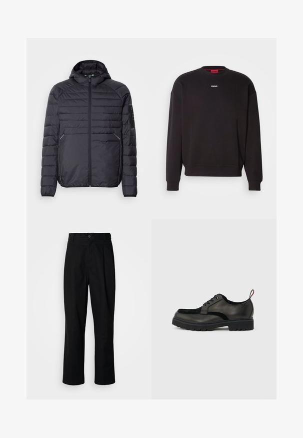 Sort oppustelig jakke med lynlås, hætte og ribbede manchetter. Har et paneldesign og sidelommer, lavet af letvægts syntetisk materiale.; Sort sweatshirt lavet af en blanding af bomuld, med rund hals, dropped skuldre og et lille hvidt "HUGO" logo på brystet.; Sorte lige ben bukser med en knaplukket talje, bæltestropper og en frontfold, præsenteret mod en ensfarvet hvid baggrund.; Sort læder snøresko med tyk slidbanesål og rød hælestropp, vist i sideprofil på en lysegrå baggrund.