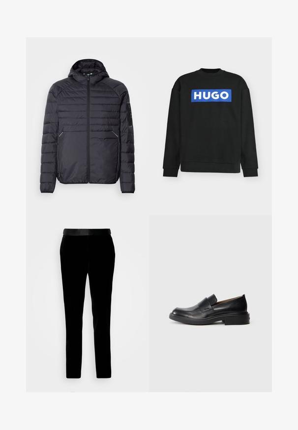Schwarze Puffjacke mit Reißverschluss, Kapuze und gerippten Bündchen. Verfügt über ein abgestuftes Design und seitliche Taschen, aus leichtem synthetischen Material gefertigt.; Schwarzes Sweatshirt mit langen Ärmeln, gerippten Bündchen und Saum, mit einem blauen rechteckigen Logo mit weißem "HUGO"-Schriftzug mittig auf der Brust.; Schwarze Samthosen mit tailliertem Schnitt, glatter Textur und passendem Bund. Verfügt über gerade Beine und Seitentaschen.; Schwarze Leder-Pantoletten mit niedrigem Absatz und dezentem Calvin Klein-Logo an der Seite, im Profil vor einem weißen Hintergrund dargestellt.