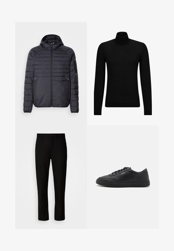 Chaqueta acolchada negra con cierre de cremallera, capucha y puños acanalados. Presenta un diseño de paneles y bolsillos laterales, fabricada en material sintético ligero.; Jersey de cuello alto negro hecho de un material suave, con mangas largas y un ajuste ceñido. Ribete acanalado en el dobladillo y los puños. Diseño simple.; Pantalones negros de corte recto, con frente plano, trabillas para cinturón y cierre de un solo botón en la cintura. Textura de tela suave.; Zapatillas de cuero negro con una textura suave, punta redondeada, suela plana de goma y cordones a tono. Presentan el logotipo dorado "BOSS" en el lateral.
