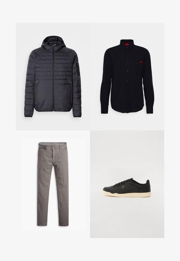 Schwarze Puffjacke mit Reißverschluss, Kapuze und gerippten Bündchen. Verfügt über ein abgestuftes Design und seitliche Taschen, aus leichtem synthetischen Material gefertigt.; Schwarzes Langarm-Hemd mit Knopfleiste aus glattem Stoff, ausgestattet mit einer Brusttasche und einem kleinen roten Logo auf der linken Seite.; Graue Chinos mit einer glatten Textur, geradem Bein, klassischem Fünf-Taschen-Design und einem Metallknopf an der Taille.; Schwarze Leder-Sneaker mit niedrigem Schnitt und einer cremefarbenen Gummisohle, ausgestattet mit einer strukturierten Oberfläche und schwarzen Schnürsenkeln. Logo-Akzent in der Nähe der Zunge.