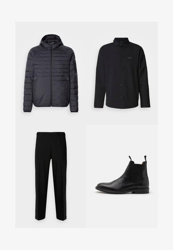 Schwarze Puffjacke mit Reißverschluss, Kapuze und gerippten Bündchen. Verfügt über ein abgestuftes Design und seitliche Taschen, aus leichtem synthetischen Material gefertigt.; Schwarzes Langarmhemd mit Knopfleiste und Kragen; verfügt über dezentes "BOSS"-Logo in passendem Schwarz. Glattes Material mit taillierter Passform.; Schwarze Hosen aus glattem Stoff, mit geradem Schnitt, zwei vorderen Taschen und einem Reißverschluss mit Knopfverschluss.; Schwarze Leder-Chelsea-Stiefel mit elastischen Seitenpanels, runder Zehenkappe, Zuglaschen und einem niedrigen, gestapelten Absatz. Glatte Textur und klassisches Design.