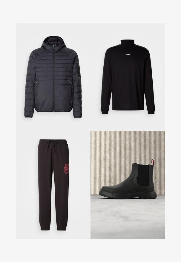 Sort oppustelig jakke med lynlås, hætte og ribbede manchetter. Har et paneldesign og sidelommer, lavet af letvægts syntetisk materiale.; Sort langærmet turtleneck skjorte lavet af glat stof, med et hvidt "HUGO" logo på brystet, samt tætsiddende manchetter og kant.; Sorte sweatpants med snøre i taljen, prydet med et maroon trykt logo på venstre ben. Fremstillet af blødt, struktureret stof.; Sort ankelstøvle med en glat overflade, elastiske sidepaneler og en kontrasterende rød træksløjfe, der har en tyk gummisål og rund tå.