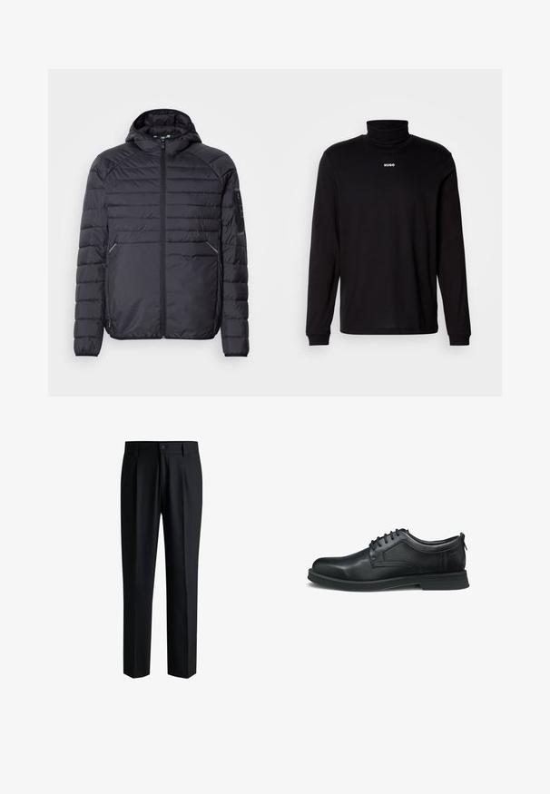 Schwarze Puffjacke mit Reißverschluss, Kapuze und gerippten Bündchen. Verfügt über ein abgestuftes Design und seitliche Taschen, aus leichtem synthetischen Material gefertigt.; Schwarzes Langarm-Turtleneck-Shirt aus glattem Stoff, mit einem weißen "HUGO"-Logo auf der Brust, eng anliegend an den Bündchen und dem Saum.; Schwarze Hose aus glattem Stoff, mit geradem Bein-Design, Falten vorne und einem Knopfverschluss mit Gürtelschlaufen.; Schwarzer, aus Leder gefertigter Schnürschuh mit abgerundeter Spitze, niedrigem Absatz und dezentem, eingeprägtem Schriftzug auf dem seitlichen Bereich.
