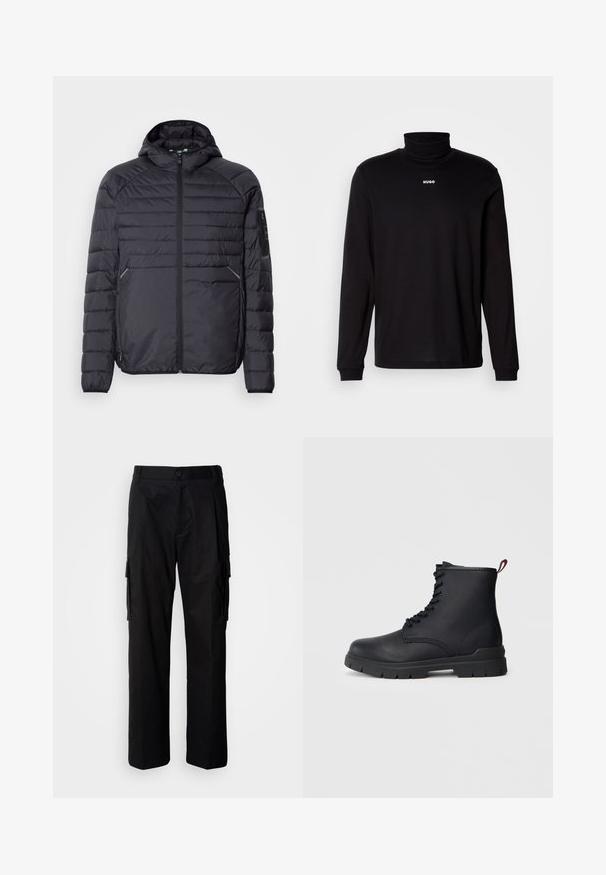 Chaqueta acolchada negra con cierre de cremallera, capucha y puños acanalados. Presenta un diseño de paneles y bolsillos laterales, fabricada en material sintético ligero.; Camisa de cuello alto negra de manga larga hecha de un tejido suave, con el logo blanco "HUGO" en el pecho, con puños y dobladillo ajustados.; Pantalones cargo negros de corte relajado, con bolsillos laterales, cierre de botón y tela ligera y suave.; Botín de cuero negro hasta el tobillo con cordones en la parte frontal, suela de goma gruesa y tirador rojo en el talón, mostrado sobre un fondo claro y liso.