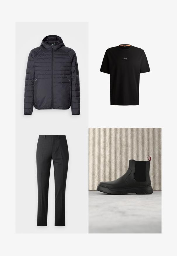 Schwarze Puffjacke mit Reißverschluss, Kapuze und gerippten Bündchen. Verfügt über ein abgestuftes Design und seitliche Taschen, aus leichtem synthetischen Material gefertigt.; Schwarzes Baumwoll-T-Shirt mit rundem Ausschnitt, kurzen Ärmeln und weißem „BOSS“-Logo, das in der Mitte der Brust platziert ist. Sanfte Textur, lässige Passform.; Maßgeschneiderte dunkelgraue Hose mit glatter Textur, schlankem Schnitt, flachem Frontdesign und normalem Bund. Verfügt über gepresste Falten und keine sichtbaren Muster.; Schwarze Knöchelstiefel mit glatter Oberfläche, elastischen Seitenpaneelen und einem kontrastierenden roten Zuglasche, ausgestattet mit einer dicken Gummisohle und einer runden Zehenpartie.