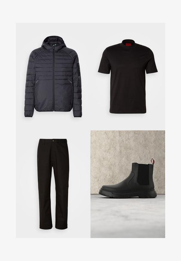 Sort oppustelig jakke med lynlås, hætte og ribbede manchetter. Har et paneldesign og sidelommer, lavet af letvægts syntetisk materiale.; Sort kortærmet t-shirt med høj hals design. Fremstillet af glat stof. Har et rødt mærke på indersiden af kraven.; Sorte bomuldsbukser med lige pasform, bæltestropper, lynlås foran og en enkelt knappelukning. Glat tekstur uden synlige mønstre.; Sort ankelstøvle med en glat overflade, elastiske sidepaneler og en kontrasterende rød træksløjfe, der har en tyk gummisål og rund tå.