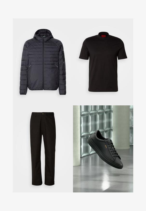 Schwarze Puffjacke mit Reißverschluss, Kapuze und gerippten Bündchen. Verfügt über ein abgestuftes Design und seitliche Taschen, aus leichtem synthetischen Material gefertigt.; Schwarzes T-Shirt mit kurzen Ärmeln und hohem Kragen. Hergestellt aus glattem Stoff. Verfügt über ein rotes Markenlabel am inneren Kragen.; Schwarze Baumwollhosen mit geradem Schnitt, Gürtelschlaufen, einem Reißverschluss vorne und einem einzelnen Knopfverschluss. Glatte Textur ohne sichtbare Muster.; Schwarzer flacher Ledersneaker mit schwarzen Schnürsenkeln und goldenem BOSS-Logo an der Seite, schwebend über einem glänzenden grauen Boden in einem modernen Innenraum.