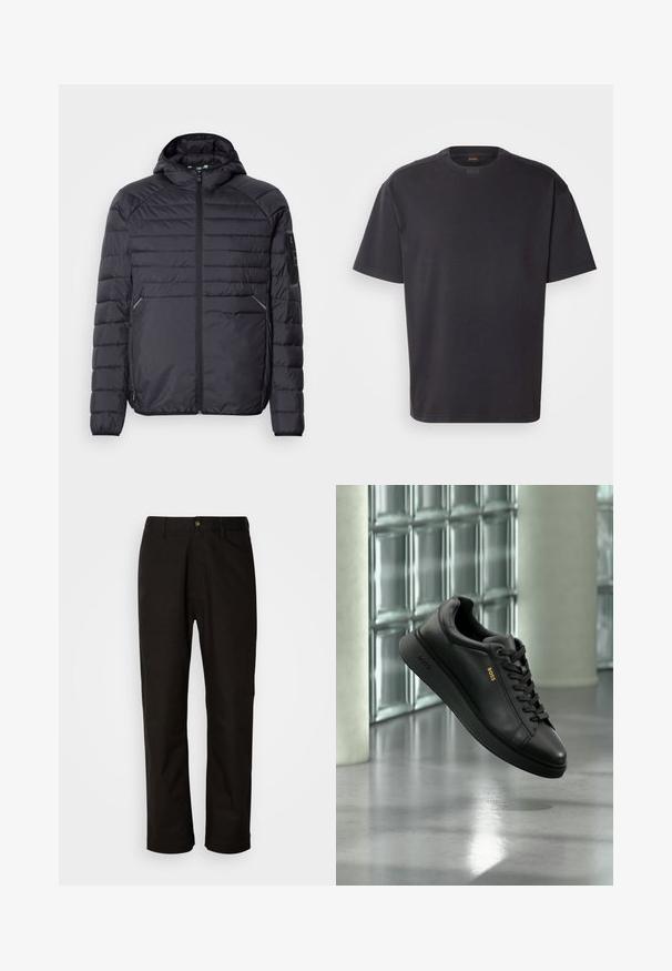 Sort oppustelig jakke med lynlås, hætte og ribbede manchetter. Har et paneldesign og sidelommer, lavet af letvægts syntetisk materiale.; Sort kortærmet T-shirt lavet af bomuld, med rund halsudskæring og subtil branding ved kraven. Glat tekstur med en afslappet pasform.; Sorte bomuldsbukser med lige pasform, bæltestropper, lynlås foran og en enkelt knappelukning. Glat tekstur uden synlige mønstre.; Sort læder lavtop sneaker med snørebånd, guld "BOSS" logo på siden, vist svævende indendørs mod en glasblok og beton baggrund.