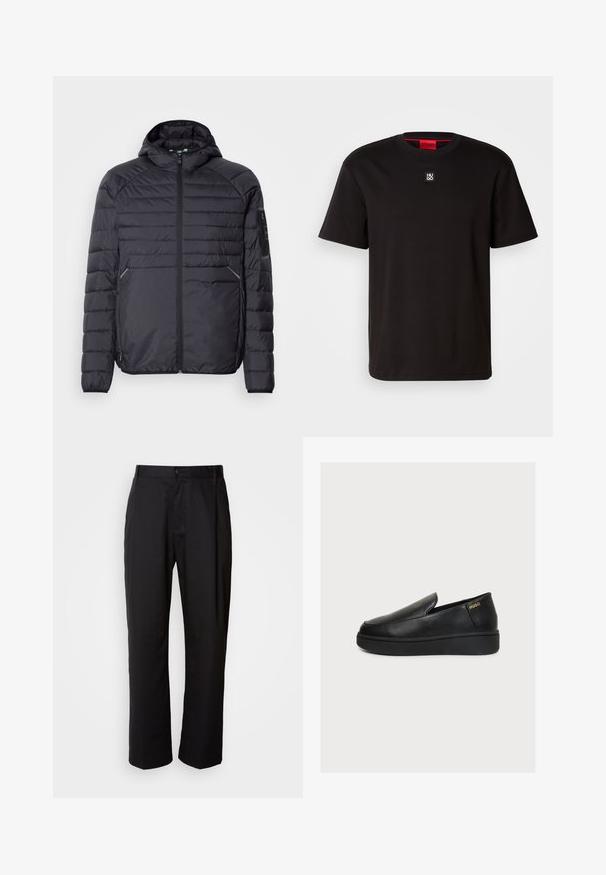Schwarze Puffjacke mit Reißverschluss, Kapuze und gerippten Bündchen. Verfügt über ein abgestuftes Design und seitliche Taschen, aus leichtem synthetischen Material gefertigt.; HUGO DALILE - T-Shirt basic - black; Schwarze Hosen mit geradem Schnitt, aus leichtem Stoff gefertigt. Verfügt über einen vorderen Knopfverschluss und zwei seitliche Taschen; glatte Textur.; Schwarzer Leder-Slipper mit dicker Sohle und kleinem goldenem "HUGO"-Logo nahe der Ferse auf hellem Hintergrund.