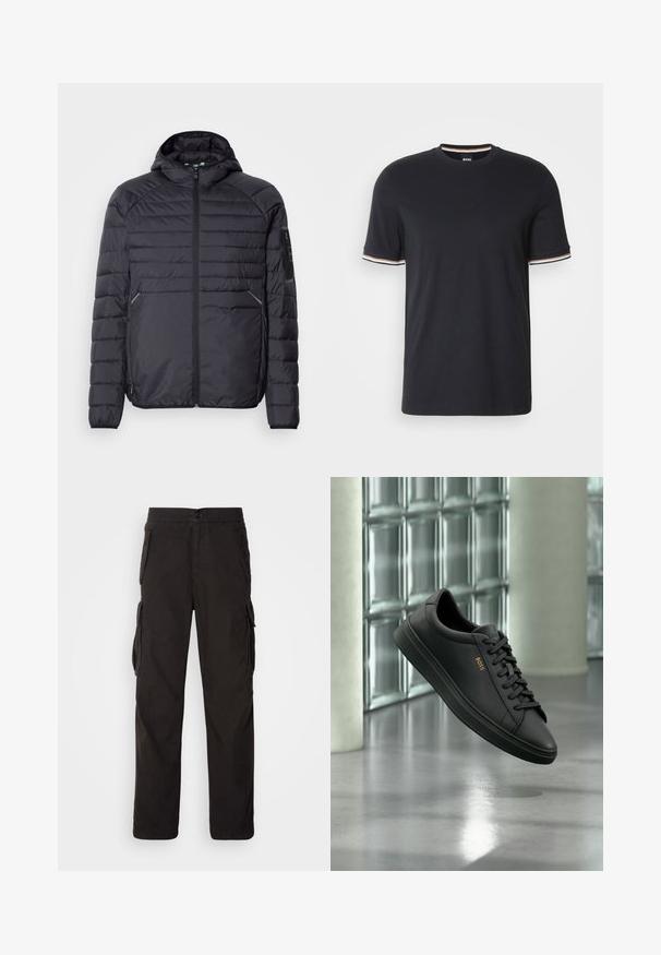 Schwarze Puffjacke mit Reißverschluss, Kapuze und gerippten Bündchen. Verfügt über ein abgestuftes Design und seitliche Taschen, aus leichtem synthetischen Material gefertigt.; Schwarzes Baumwoll-T-Shirt mit Rundhalsausschnitt und kurzen Ärmeln, die an den Bündchen mit gestreiften Akzenten in Weiß, Orange und Blau versehen sind.; Schwarze Cargo-Hose mit geradem Schnitt, elastischem Bund, mehreren Seitentaschen und einem strukturierten Stoff für hohe Langlebigkeit.; Schwarzer flacher Ledersneaker mit schwarzen Schnürsenkeln und goldenem BOSS-Logo an der Seite, schwebend über einem glänzenden grauen Boden in einem modernen Innenraum.