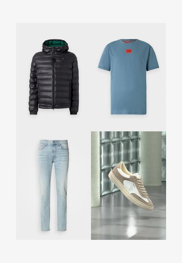 Veste matelassée noire avec capuche, finition brillante, doublure verte, fermeture éclair et poignets élastiques. Comprend un logo de marque sur la poitrine.; T-shirt bleu clair à manches courtes avec un col rond. Présente un patch logo rectangulaire rouge sur la poitrine. Texture lisse, coupe décontractée.; Jeans en denim bleu clair, avec une coupe droite, taille mi-haute et un léger délavage. Comprend cinq poches et un bouton en métal.; Baskets en suède beige et blanc avec lacets et logo « BOSS », flottant au-dessus d’un sol en béton poli avec des murs en blocs de verre en arrière-plan.