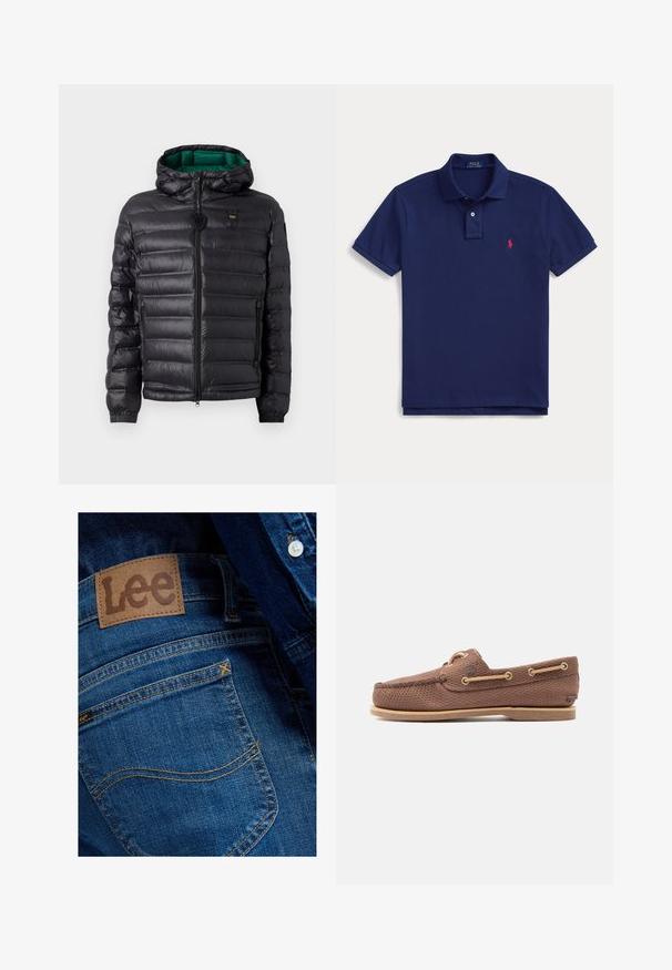 Veste matelassée noire avec capuche, finition brillante, doublure verte, fermeture éclair et poignets élastiques. Comprend un logo de marque sur la poitrine.; Polo bleu marine Ralph Lauren à manches courtes avec col, deux boutons et petit logo rouge brodé sur la poitrine gauche.; Gros plan de la poche arrière d'un jean en denim bleu avec une étiquette en cuir marron de la marque Lee et des détails de couture visibles.; Chaussure bateau en cuir marron texturé avec des lacets beige passés à travers des œillets en métal et une semelle en caoutchouc plate.