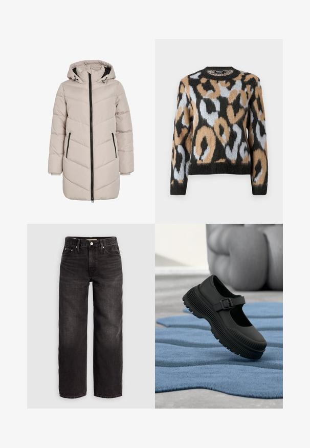 Lichtbeige gewatteerde jas met een capuchon, voorzien van een zigzagpatroon, zwarte ritssluiting en twee zijzakken. De stof heeft een gladde textuur.; Leopardprint trui met een ronde halslijn, lange mouwen en een mix van zwart, bruin en lichtblauwe kleuren, gemaakt van gestructureerde breiware.; Levi's® BAGGY DAD - Baggy jeans - shrink up; Zwarte Mary Jane-stijl schoen met dikke geribbelde zool en gesp, rustend op een gestructureerd blauwe tapijt met wazige achtergrond.