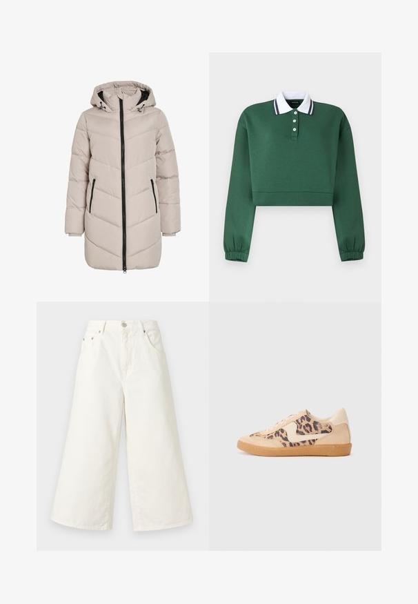 Lichtbeige gewatteerde jas met een capuchon, voorzien van een zigzagpatroon, zwarte ritssluiting en twee zijzakken. De stof heeft een gladde textuur.; Donkergroene, lange mouwen, cropped sweatshirt met witte, met knopen vastgemaakte kraag en elastische manchetten op de mouwen tegen een effen achtergrond.; Witte wijde denimbroek met een gladde textuur, hoge taille, voorzakken en een standaard ritssluiting met metalen knoopsluiting.; Luipaardprint sneakers met een beige suède bovenkant, tan rubberen zool en witte accenten. Ronde neus en vetersluiting met een gestructureerde afwerking.