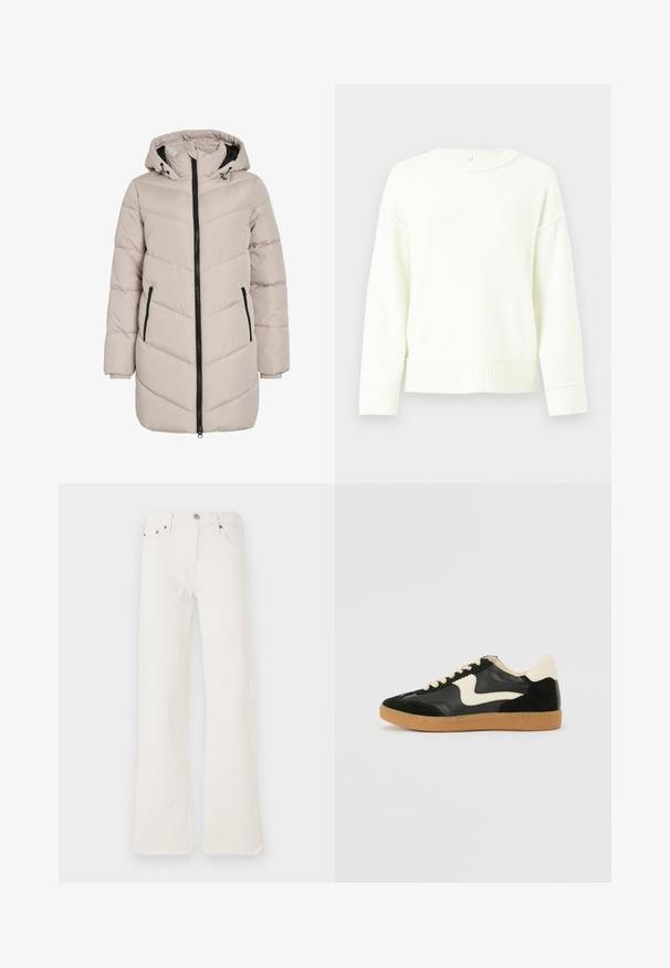 Hellbeige gepolsterter Mantel mit Kapuze, der ein Zickzack-Muster aufweist, einen schwarzen Reißverschluss hat und zwei Seitentaschen bietet. Der Stoff hat eine glatte Textur.; Weißer Strickpullover mit fallenden Schultern, gerippten Bündchen und Saum. Weiche Textur, Rundhalsausschnitt und lockere Passform.; Weiße ausgestellte Jeans aus Denim, mit hoher Taille, fünf Taschen und doppelt genähten Nähten, ergänzt durch Hardware-Akzente in Kupferfarbe.; Schwarze Wildleder- und Leder-Sneaker mit einem cremefarbenen Seiten-Swoosh und einer hellcremefarbenen Ferse. Ausgestattet mit beige Schnürsenkeln und einer Gummilaufsohle.