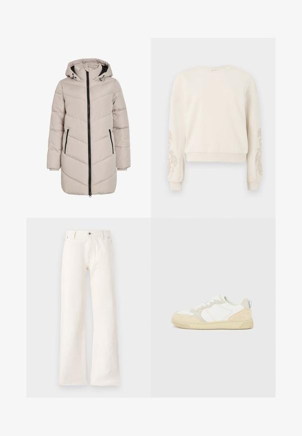 Hellbeige gepolsterter Mantel mit Kapuze, der ein Zickzack-Muster aufweist, einen schwarzen Reißverschluss hat und zwei Seitentaschen bietet. Der Stoff hat eine glatte Textur.; Cremfarbener Sweatshirt mit Rundhalsausschnitt, ausgestattet mit floralen Stickereien an den Ärmeln. Weicher Stoff und cropped Design mit gerippten Bündchen.; Weiße weit geschnittene Jeans aus Denim, mit einem Knopfverschluss vorne, fünf Taschen und einer glatten Textur ohne sichtbare Muster.; Weißer und beiger Sneaker mit Obermaterial aus Wildleder und Textil, kontrastierenden Nähten, einer Gummisohle und einem hellblauen Akzent an der Ferse.
