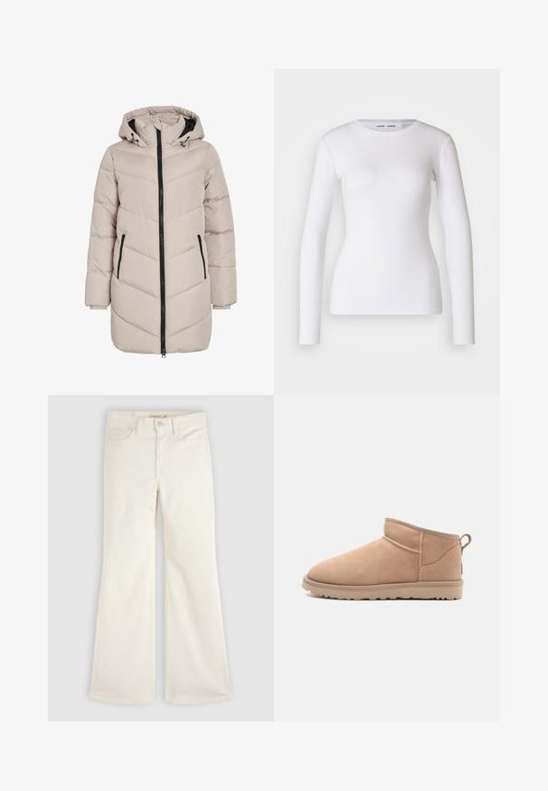 Hellbeige gepolsterter Mantel mit Kapuze, der ein Zickzack-Muster aufweist, einen schwarzen Reißverschluss hat und zwei Seitentaschen bietet. Der Stoff hat eine glatte Textur.; Weißes Langarmhemd aus geripptem Stoff mit Rundhalsausschnitt und taillierter Form. Keine Muster oder Akzente sind vorhanden.; Weiße Jeans mit hoher Taille und weitem Bein, mit Frontknopf und Reißverschluss, Gürtelschlaufen sowie Vorder- und Gesäßtaschen, flach auf einem hellen Hintergrund liegend.; Beige Wildleder-Ankle-Boot mit abgerundetem Zehenbereich, weicher Textur, schlichtem Design und einer flachen Gummisohle. Mit einer Zuglasche auf der Rückseite.