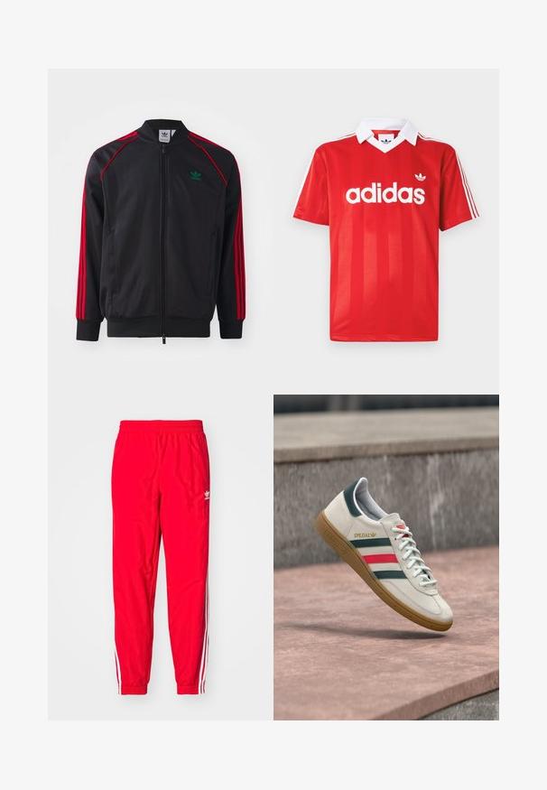Sort træningsjakke med røde striber, lynlås, ribbet manchetter og kant, med et lille grønt logo på venstre brystområde. Letvægtsstof.; Rød Adidas sportstrøje med hvid krave, tre hvide striber på ærmerne og Adidas-logo centreret på brystet.; Røde sportstræningsbukser med elastisk talje, hvide stribede detaljer langs siderne og et lille hvidt logo på venstre lår.; Hvid Adidas sneaker med grønne og røde striber, gummisål og "SPEZIAL" branding, der svæver over stensat belægning.