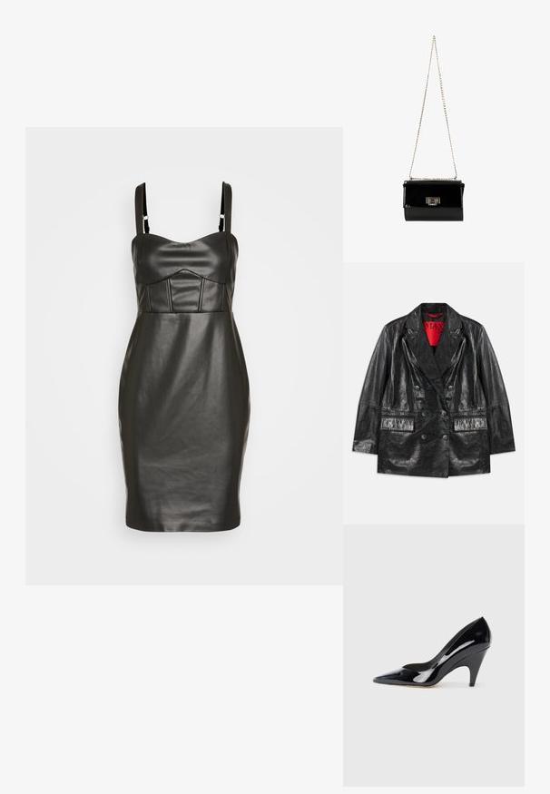 Blazer noir en simili cuir à double boutonnage avec revers en pointe, deux poches avant et une texture lisse et brillante. Doublure rouge visible à l'intérieur.; Robe en simili cuir noir avec une silhouette près du corps, des fines bretelles et un buste structuré et rembourré présentant des coutures verticales. Texture lisse.; Chaussure à talon haut en cuir verni noir avec un bout pointu et un talon courbé, présentant une surface lisse et réfléchissante.; Sac à main en cuir verni noir avec une bandoulière en chaîne dorée, de forme rectangulaire, doté d'une fermeture à rabat à l'avant et d'un accent de logo métallique.