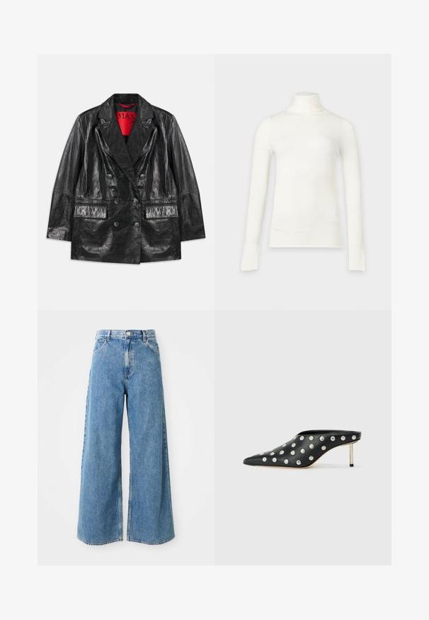 Sort faux læder dobbeltbrystet blazer med spidse revers, to forlommer og en glat, blank overflade. Rød foring synlig indeni.; Hvid turtleneck-shirt med lange ærmer og slank pasform, vist mod en lysegrå baggrund.; Højtaljede lyseblå brede denim jeans med frontknap, lynlås og forlommer på en hvid baggrund.; STAND STUDIO KELSEY - Mules med hæl - black