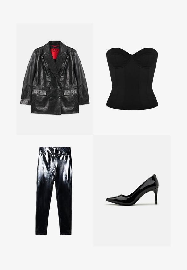 Sort faux læder dobbeltbrystet blazer med spidse revers, to forlommer og en glat, blank overflade. Rød foring synlig indeni.; Halterløs sort korset-top med strukturerede kopper og tætsiddende talje, designet til formgivning og støtte.; Sorte højglans leggings med en blank, glat overflade. Elastisk talje og tætsiddende design med en indsnævret benform.; Sorte laklæder højhælede pumps med spids tå og slank silhuet, prydet med en glat overflade og minimalistisk design.
