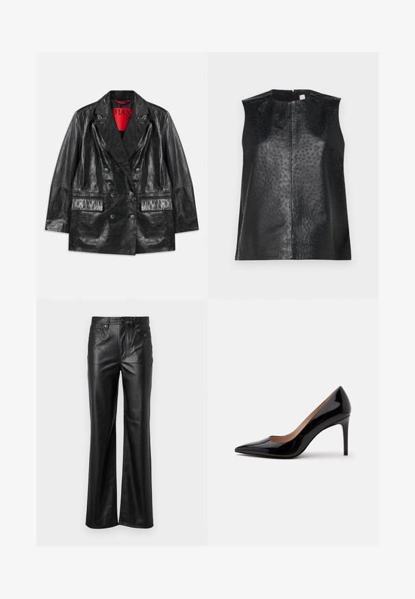 Blazer noir en simili cuir à double boutonnage avec revers en pointe, deux poches avant et une texture lisse et brillante. Doublure rouge visible à l'intérieur.; Top sans manches en cuir noir avec une finition lisse et une texture à pois. Présente un col rond et une fermeture éclair centrale dans le dos.; Pantalons en cuir noir avec une coupe droite, dotés d'une fermeture à bouton, de passants de ceinture et de poches avant. Texture lisse et détails minimalistes.; Escarpin en cuir verni noir à talon haut avec bout pointu et talon aiguille, présenté de profil sur un fond blanc uni.