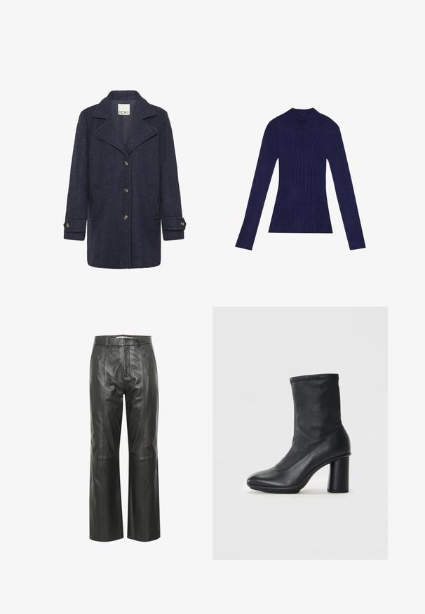 Marineblå uldblandingsfrakke med en struktureret finish, spidse revers, frontknaplukning, to sidelommer og knapper ved håndleddene.; Marineblå rillede turtleneck sweater med lange ærmer. Har et tætsiddende design og en blød tekstur. Lavet af et strækbart materiale.; Sorte læder bukser med vide ben og en glat tekstur, med en talje, frontfældninger og subtile syninger.; Sort læderstøvle til midten af læggen med rund tå og en kraftig høj hæl, vist mod en ensfarvet lysegrå baggrund.