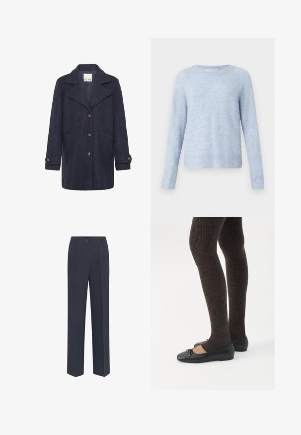 Marineblå uldblandingsfrakke med en struktureret finish, spidse revers, frontknaplukning, to sidelommer og knapper ved håndleddene.; Lyseblå sweater lavet af blød, tekstureret stof, med rund hals, lange ærmer og ribbede manchetter og kant.; Marineblå, skræddersyede bukser med lige ben, der har lukkefunktion foran med knap og diskrete stolpefure detaljer. Glat stofstruktur.; Ben iført mørke ribbede leggings kombineret med sorte balletsko med små sløjfedetaljer på hvid baggrund.