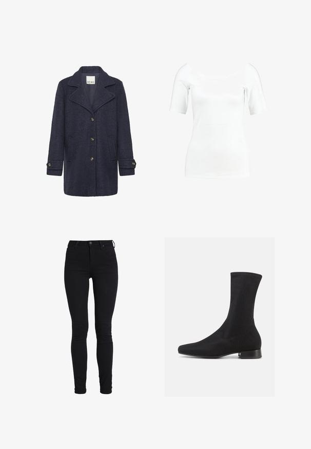Marineblå uldblandingsfrakke med en struktureret finish, spidse revers, frontknaplukning, to sidelommer og knapper ved håndleddene.; Modström TANSY - T-shirts basic - off white; Sorte skinny jeans med høj talje, lavet af strækbart denim. Har en frontknaplukning og klassisk fem-lomme design.; Sort ankelstøvle med en glat, elastisk overdel og en lav, lagdelt hæl. Har en spids tå og et sømløst design.