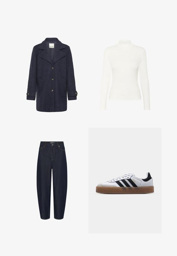 Marineblauwe wollen blend jas met een gestructureerde afwerking, met een reverskraag, voorste knoopsluiting, twee zijzakken en knopen op de manchetten.; Witte lange mouwen turtleneck top gemaakt van ribstof, met een aansluitend ontwerp en een gladde textuur, hoge hals en zonder zichtbare accenten.; Donkerblauwe jeans met hoge taille en rechte pijpen, voorzien van een knoopsluiting aan de voorkant, rits en een ontwerp met vijf zakken.; Witte leren sneakers met zwarte strepen, gumrubberen buitenzool, ronde neus, vetersluiting en een zachte grijze suède neuskap.