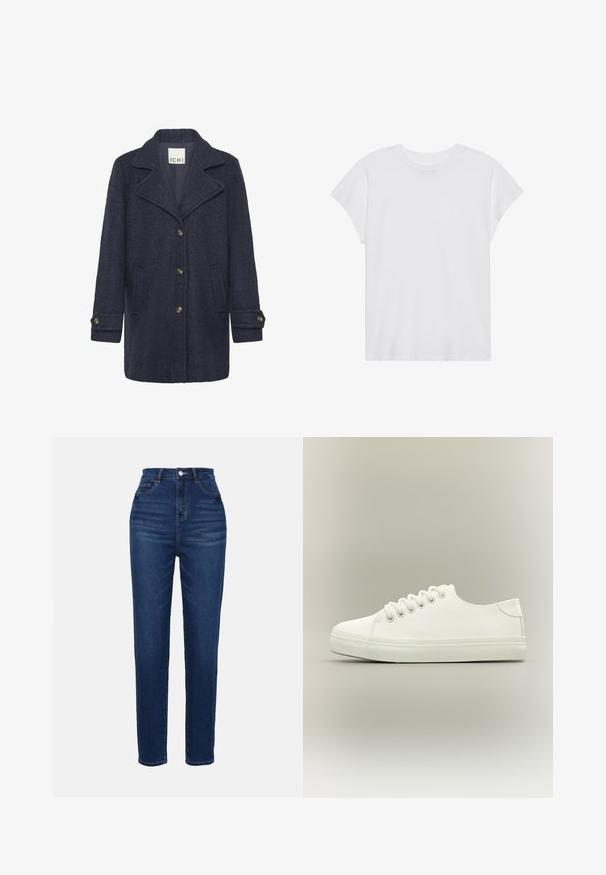 Abrigo de mezcla de lana color navy con acabado texturizado, solapa con muesca, cierre de botones en la parte delantera, dos bolsillos laterales y botones en los puños.; Camiseta blanca de manga corta con cuello redondo, corte relajado, hecha de suave tela de algodón. Textura lisa, sin estampados ni logotipos.; Jeans de mezclilla azul de tiro alto y ajuste slim. Cuenta con cinco bolsillos y cierre de botón. Textura suave y distribución uniforme del color.; Zapatilla blanca baja con cordones blancos y suela de goma mostrada desde vista lateral sobre un fondo neutro.