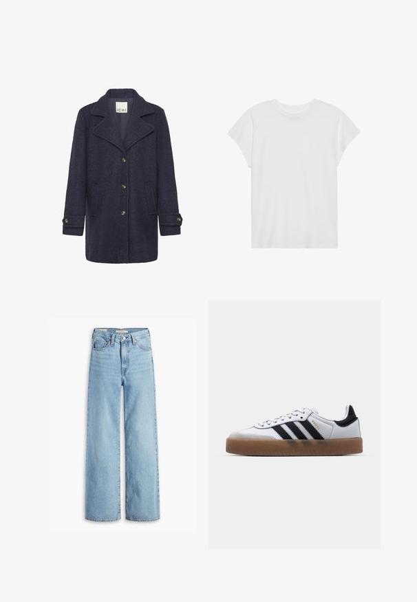 Abrigo de mezcla de lana color navy con acabado texturizado, solapa con muesca, cierre de botones en la parte delantera, dos bolsillos laterales y botones en los puños.; Camiseta blanca de manga corta con cuello redondo, corte relajado, hecha de suave tela de algodón. Textura lisa, sin estampados ni logotipos.; Jeans de pierna ancha de talle alto, de un azul claro, con botón y cremallera en el frente, lazos para cinturón y estilo de cinco bolsillos.; Zapatillas de cuero blancas con rayas negras, suela de goma, puntera redonda, cierre de cordones y caperuza de ante gris suave.
