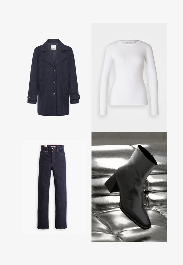 Marineblauwe wollen blend jas met een gestructureerde afwerking, met een reverskraag, voorste knoopsluiting, twee zijzakken en knopen op de manchetten.; Witte longsleeve shirt van ribstof, met een ronde halslijn en een getailleerde vorm. Er zijn geen patronen of accenten aanwezig.; Donkerblauwe straight-leg denim jeans met vijf zakken en zichtbare oranje stiksels op een witte achtergrond.; Zwarte enkellaarsjes van glanzend materiaal met een vierkante neus en taps toelopende hak, afgezet tegen een glanzende zilveren gecapitonneerde achtergrond.