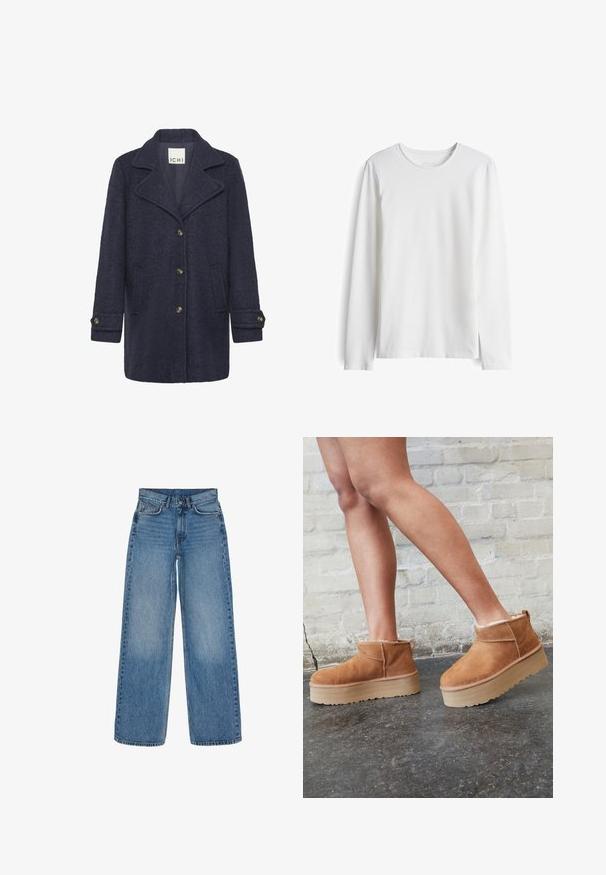 Navy Blazer aus Wollmischung mit strukturiertem Finish, Reverskragen, vorderer Knopfschluss, zwei Seitentaschen und Knöpfen an den Bündchen.; Langärmliges, weißes T-Shirt aus weicher Baumwolle. Es hat einen Rundhalsausschnitt und einen geraden Schnitt mit minimalen Nähten sowie ohne sichtbare Logos oder Muster.; Hellblaue Jeans mit weitem Bein und hoher Taille, mit fünf Taschen, einem Knopfverschluss und sichtbaren Nähten entlang der Nähte.; Braune Wildleder-Stiefeletten mit einem weichen Futter, dicker beige Plateau-Sohle und einer Zuglasche auf der Rückseite. Strukturiert Oberfläche mit sichtbaren Nähdetails.
