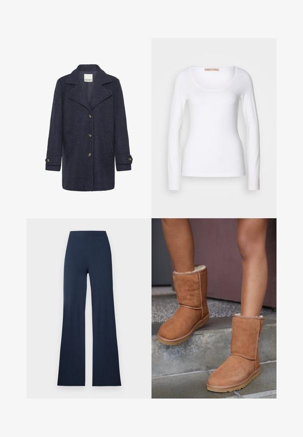 Abrigo de mezcla de lana color navy con acabado texturizado, solapa con muesca, cierre de botones en la parte delantera, dos bolsillos laterales y botones en los puños.; Camiseta de algodón blanca de manga larga con escote redondeado y un diseño ajustado, de textura suave y sin adornos.; Pantalones de pierna ancha de punto acanalado azul marino con cintura alta y corte recto, mostrados planos sobre un fondo blanco.; Botas de tobillo de ante marrón con punta redonda, forro suave y suela de goma, con detalles de costura visibles a lo largo de las costuras.