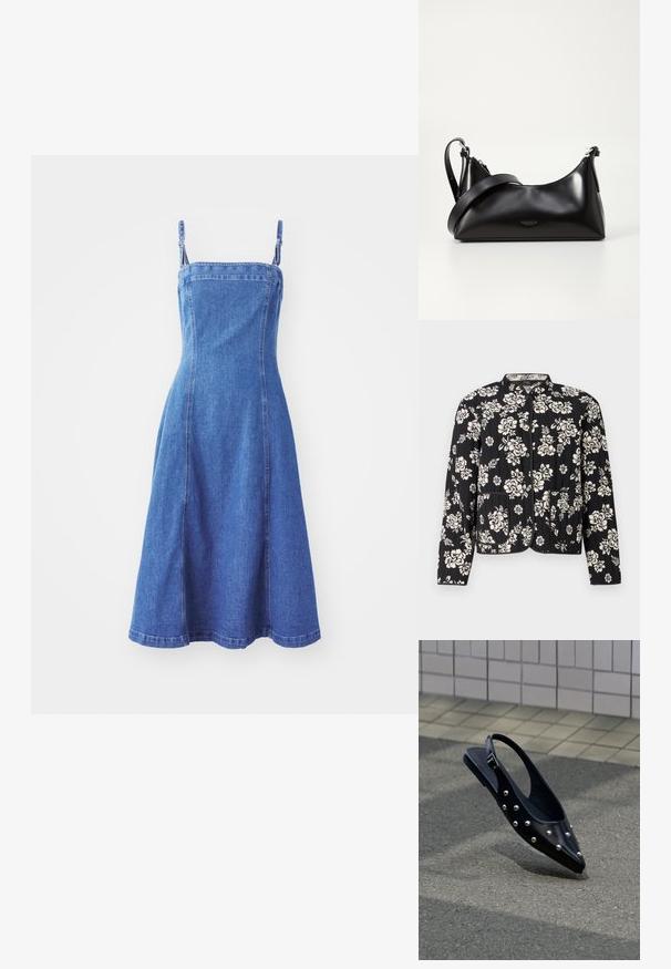 Veste matelassée noire avec motif floral blanc, col rond, et deux poches avant, finie avec un bord contrasté et des fermetures à pression.; Robe en denim avec un corsage ajusté, des bretelles réglables, une jupe évasée, de couleur bleu moyen et des coutures visibles. Texture lisse.; Chaussure slingback noire à bout pointu avec des clous argentés, flottant au-dessus d'un bitume près d'un mur carrelé en arrière-plan.; Sac à main en cuir noir avec une texture lisse. Dispose d'une bandoulière adjustable et d'un design élégant et minimaliste avec une fermeture éclair.