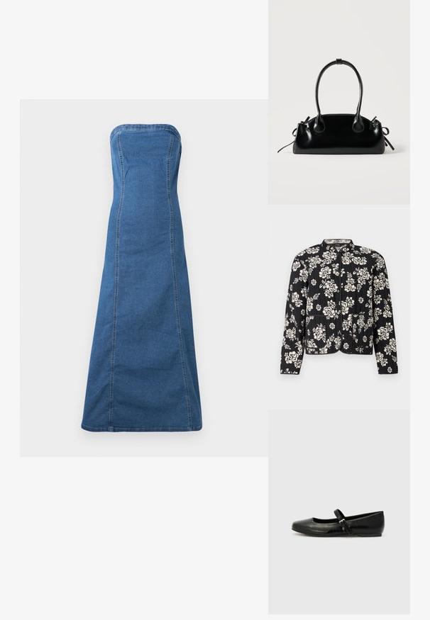 Veste matelassée noire avec motif floral blanc, col rond, et deux poches avant, finie avec un bord contrasté et des fermetures à pression.; Robe en denim sans bretelles de couleur bleu moyen avec une silhouette droite, présentant des coutures visibles et une texture lisse.; Ballerines en cuir noir avec un bout arrondi, une semelle plate et une fine sangle ajustable sur le cou-de-pied avec une boucle en métal.; Petit sac à main noir brillant avec deux longues anses et des détails à cordon sur les côtés sur un fond clair uni.