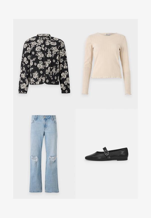 Tikkmusteriga must jakki valgete lilledega, ümmargune kaelust, kaks esist taskut, kontrastse äärega ja trukkidega.; Beež pullover, mille varrukate ja ümmarguse kaelusega, lainelise äärega. Kangas on kaunistatud peene tekstuuriga mustriga.; Heledad sinine teksapüksid sirge säärejätkuga, kus on kaks põlvekahjustust, metallne nööpkinnitus ja viis taskut.; Must värvi nahast tasased kingad ümarate varvastega, ühe reguleeritava paelaga ja siledat, läikivat pinda. Minimalistlik disain madala kontsaga.