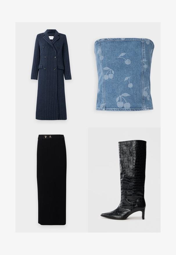 Abrigo de mezcla de lana en color navy con un frente de doble botonadura, patrón de rayas, solapas con picos y dos bolsillos laterales. Presenta seis botones y un corte entallado.; Top de denim sin tirantes con fondo azul claro que presenta un sutil patrón de cerezas. Diseño estructurado con bordes cosidos y una textura suave.; AERON FORUM - Falda de tubo - black; Botas negras de media caña con textura brillante de patrón de cocodrilo, punta afilada y tacón cónico. Material sintético liso.
