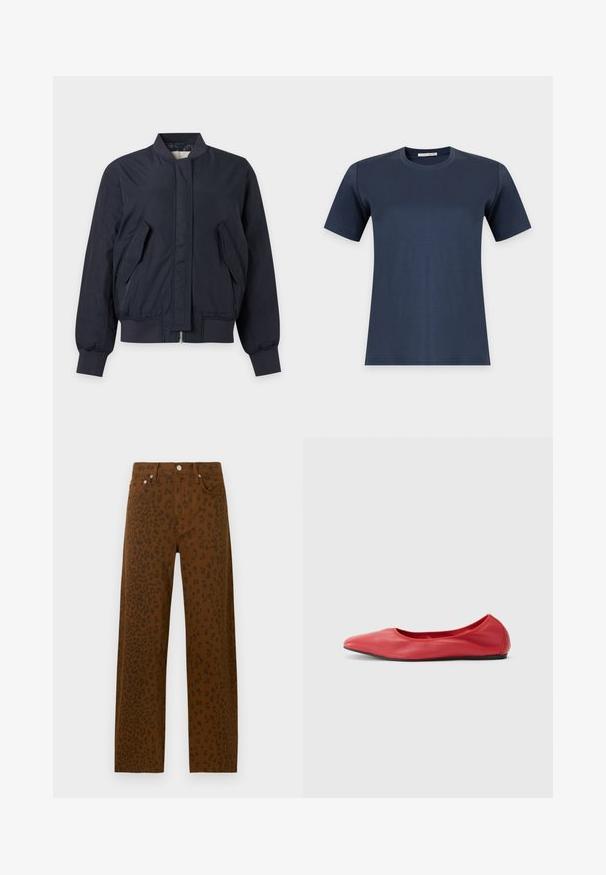 Veste bomber bleu marine foncé avec col, poignets et bas en maille côtelée, poches avant à rabats inclinés et fermeture éclair avant dissimulée.; T-shirt bleu marine uni à manches courtes et col rond, présenté sur fond blanc.; Jean marron présentant un motif léopard noir, design taille haute, cinq poches et détails en métal.; Filippa K REY FLATS - Ballerines - bright red