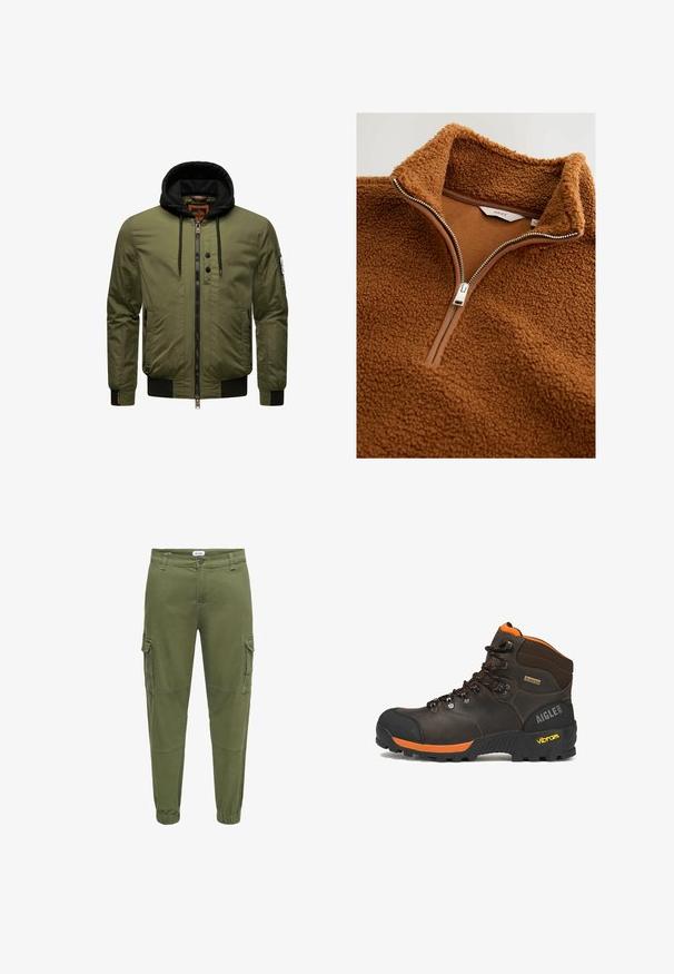 Olivgrüne Bomberjacke mit Reißverschluss vorne, schwarzem Hoodie, gerippten Bündchen und Saum sowie zwei seitlichen Taschen. Verfügt über ein Patch am linken Arm.; Brauner Fleece-Pullover mit hohem Kragen, Halb-Reißverschluss-Design, strukturiertem Außenmaterial und glattem Innenfutter, ausgestattet mit silberner Reißverschluss-Hardware.; Olivgrüne Cargohosen aus Baumwollmischung, mit Seitentaschen, elastischen Bündchen und sichtbaren Steppnähten für zusätzliche Struktur.; Brauner Leder-Wanderschuh mit schwarzen und orangefarbenen Akzenten, schwarzen Schnürsenkeln, Vibram-Sohle, Gore-Tex-Label und Aigle 1853 Logo an der Ferse.
