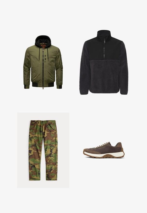 Chaqueta bomber de color verde oliva con cremallera frontal, sudadera negra, puños y dobladillo acanalados, y dos bolsillos laterales. Presenta un parche en el brazo izquierdo.; Sudadera de forro polar con cuello alto. Presenta un panel superior negro y una sección inferior texturizada de gris oscuro. Incluye una cremallera frontal y bolsillos laterales.; Pantalones cargo con un patrón de camuflaje en verdes, marrones y negro. Presenta múltiples bolsillos laterales y un corte relajado. Material de algodón.; Zapatilla marrón oscuro con cordones blancos, que presenta una suela gruesa y un tejido suave. La vista lateral resalta el diseño y la textura del zapato.